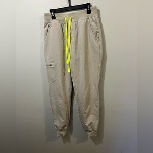 Figs Womems Cream Joggers with Neon Yellow Drawstring Zamora jogger scrub pants